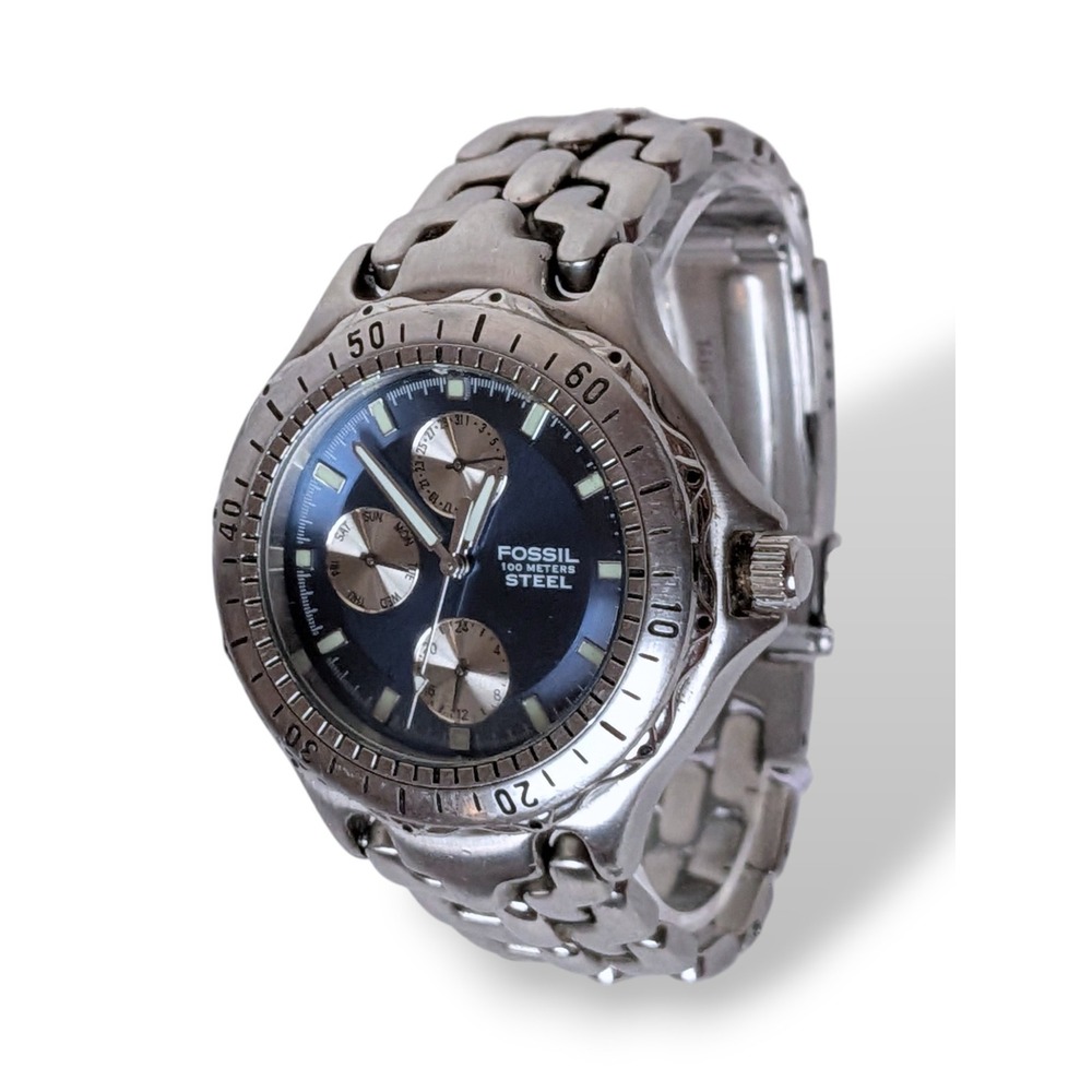 Fossil Blue Steel Watch Silver FS-2583 Chronograph Blue Dial Stainless Bracelet